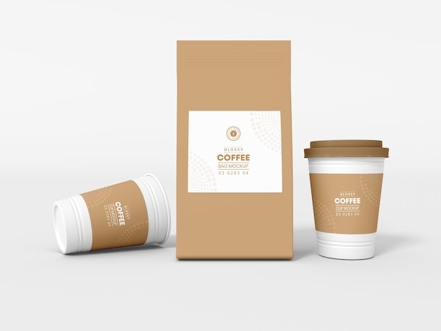 Mockup di branding per tazza da caffè e borsa da caffè in carta da asporto