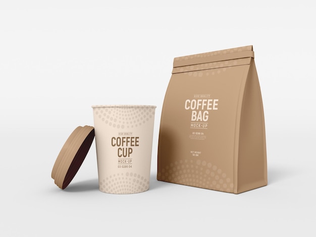 Mockup di branding per tazza da caffè e borsa da caffè in carta da asporto