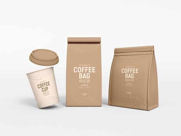 Mockup di branding per tazza da caffè e borsa da caffè in carta da asporto