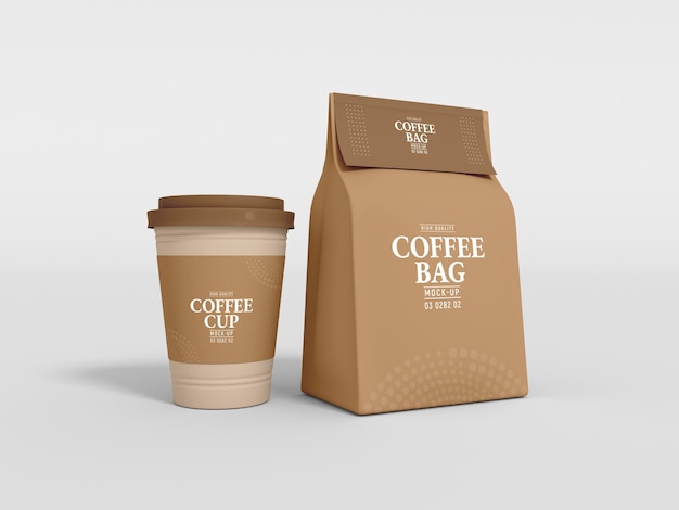 Mockup di branding per tazza da caffè e borsa da caffè in carta da asporto