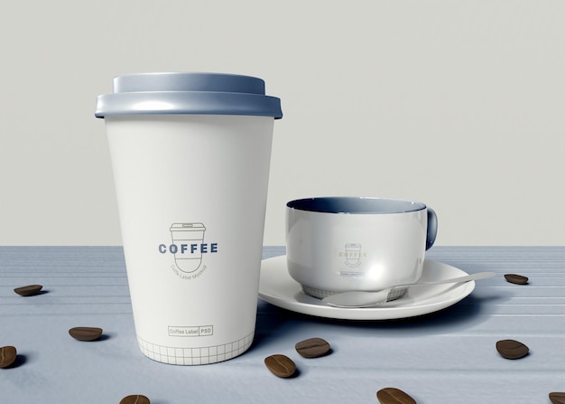 Take away paper coffee and mug mockup