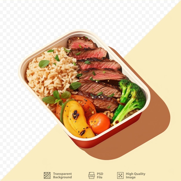 PSD takeout meal with steak brown rice grilled veggies fresh fruits and steamed vegetables classic american lunch or dinner