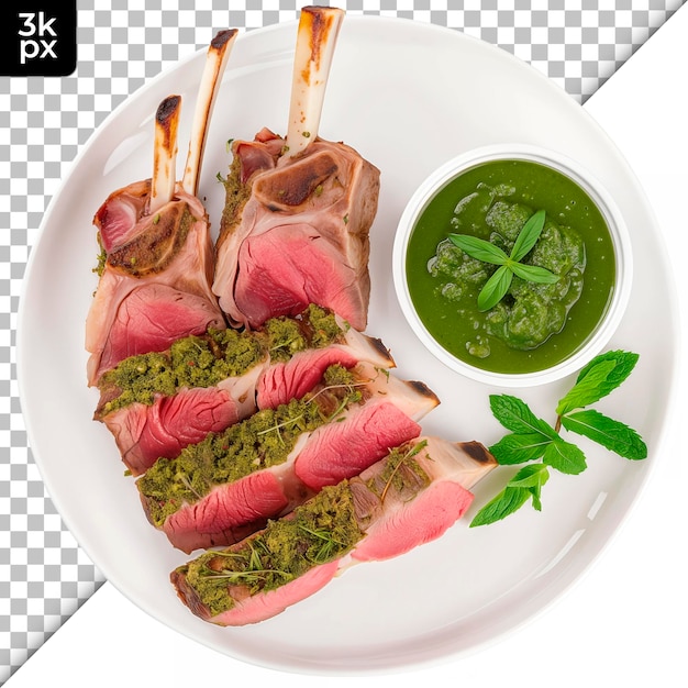 PSD talerz mięsa i warzyw z zielonym sosem