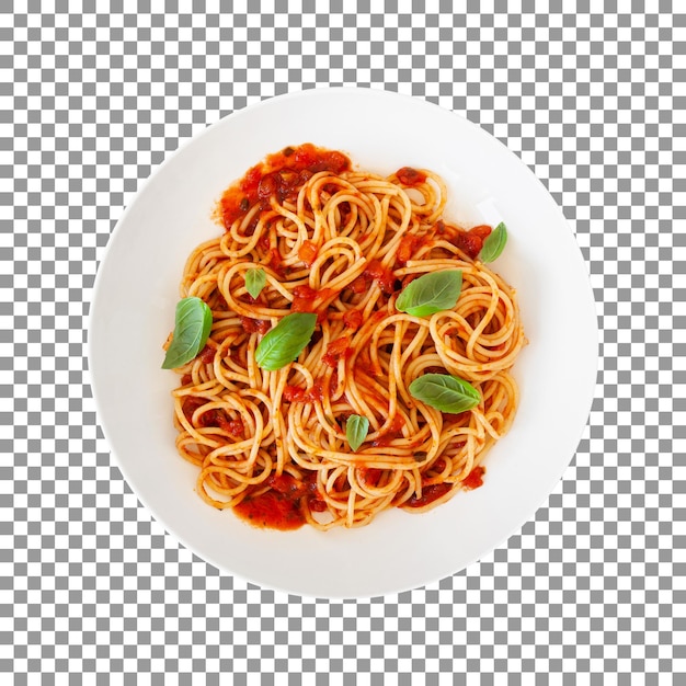 PSD talerz spaghetti z czerwonym sosem i liśćmi bazylii na przezroczystym tle