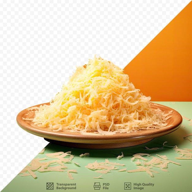 PSD talerz tartego sera na zielonym stole z pomarańczowo-pomarańczowym tłem.