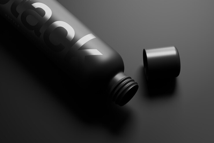 PSD tall black plastic cosmetic bottle mockup