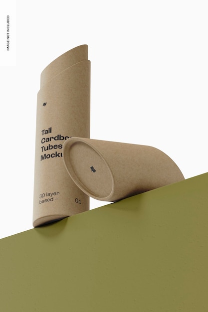 PSD tall cardboard tubes mockup, low angle view