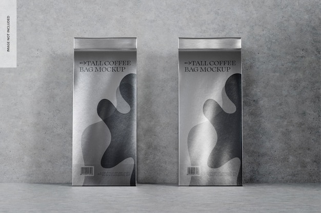 PSD tall coffee bags on concrete mockup, front view