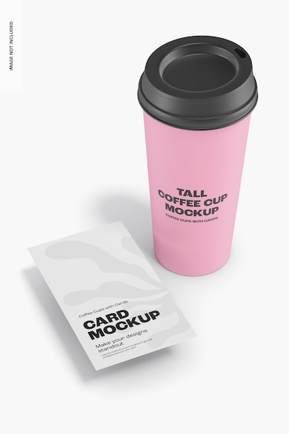 PSD tall coffee cup with card mockup, perspective