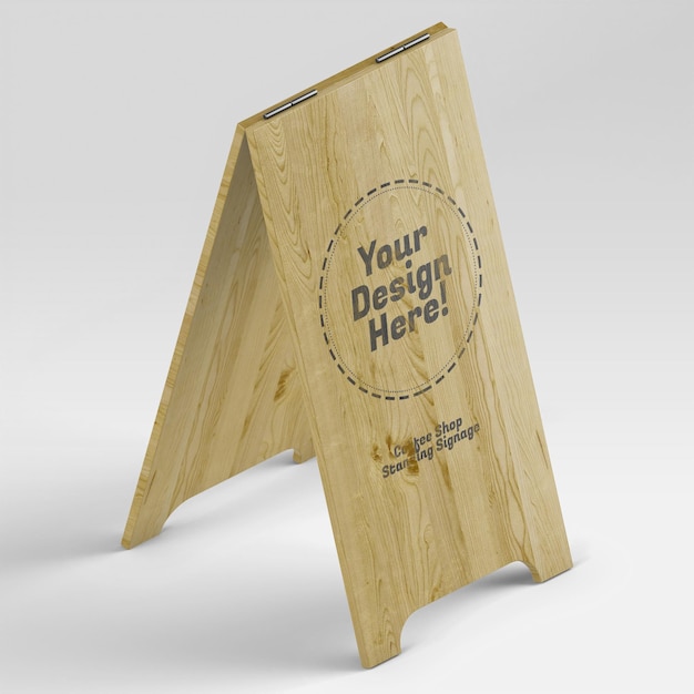 Tall coffee shop light wooden standing signage mockup