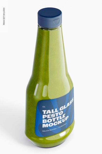 Tall glass pesto bottle mockup, perspective