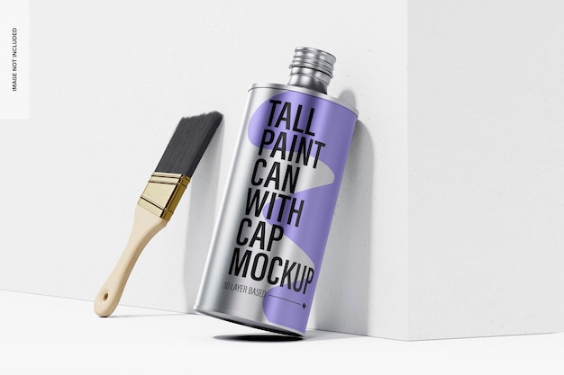 PSD tall paint can with cap mockup, leaned