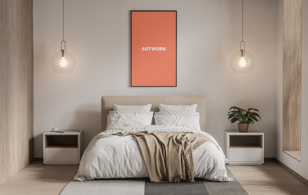 PSD tall poster in bedroom mockup