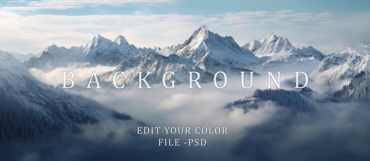 PSD the tall rocky mountains are covered in thick fog and covered in snow while the sky is bright blue