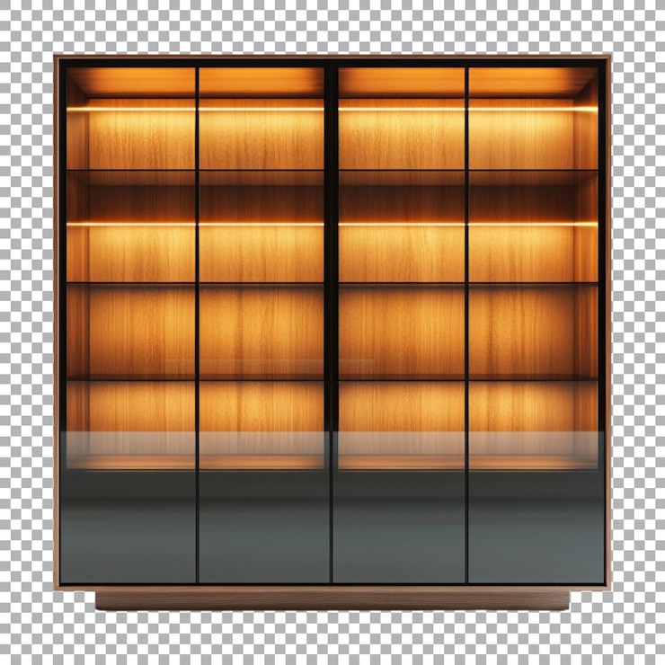 PSD tall storage cabinet showcase with led lighting and adjustable shelves on transparent background