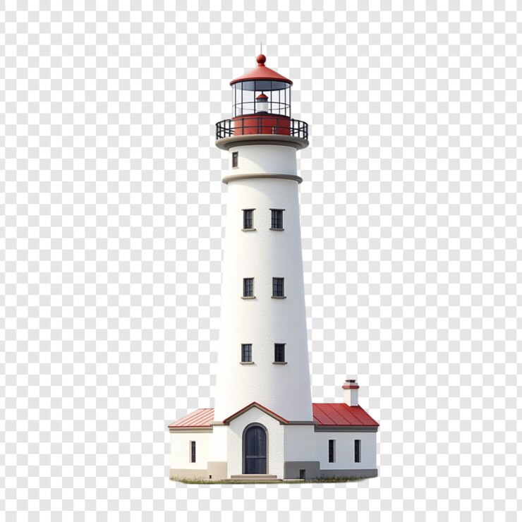 PSD tall white lighthouse with red roof beacon sea coast ocean navigation