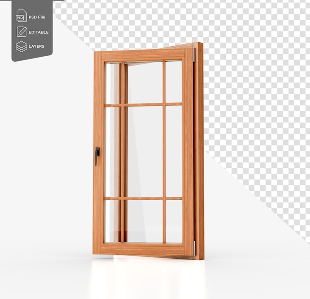 a tall wooden window with multiple glass panes and black handle for interior designs 3d illustration