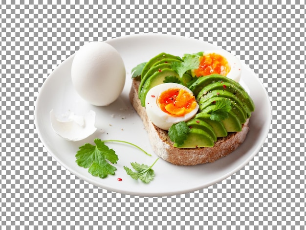 Tallerken med avokado og egg på transparent bakgrunn