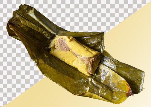 Tamale aperto sul suo involucro di foglia di banana cibo tipico