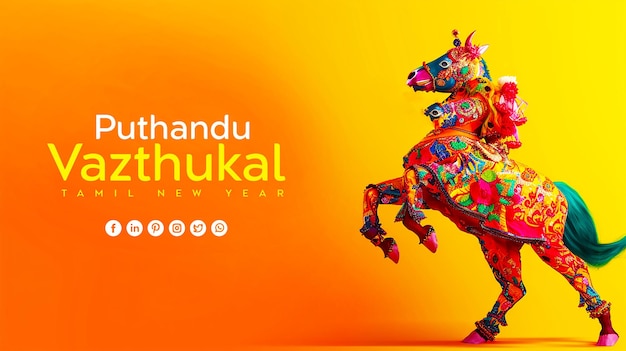 PSD tamil new year poster with a traditional false legged horse folk dance performer