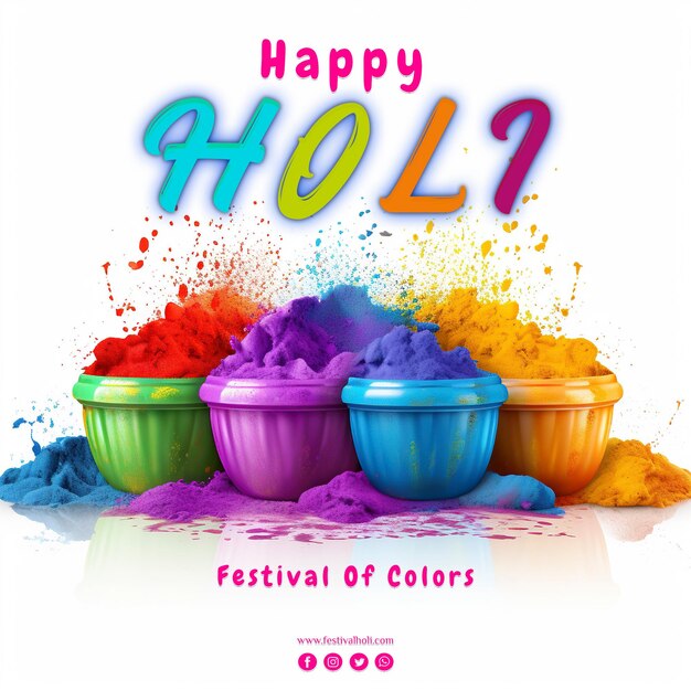PSD template social media happy holi colors pots festival background png bianco