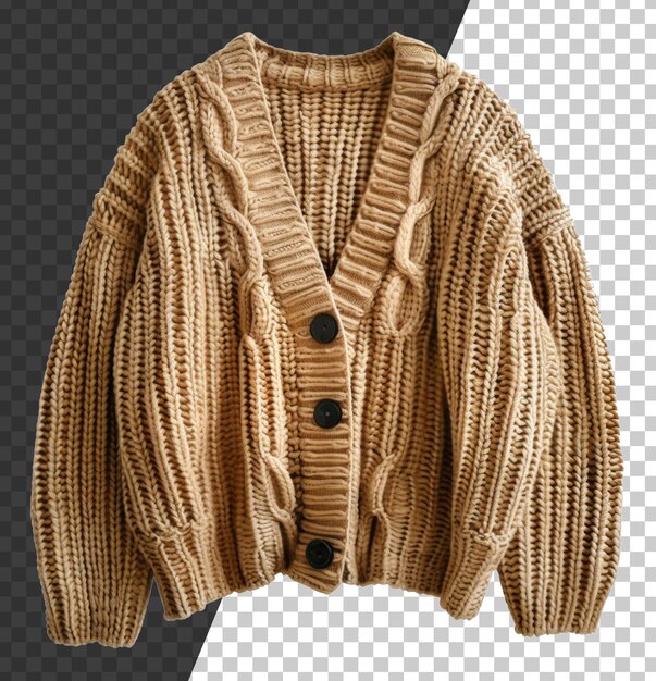 PSD cardigan con collare a scialle abbronzato con disegno a maglia a cavo su sfondo trasparente png