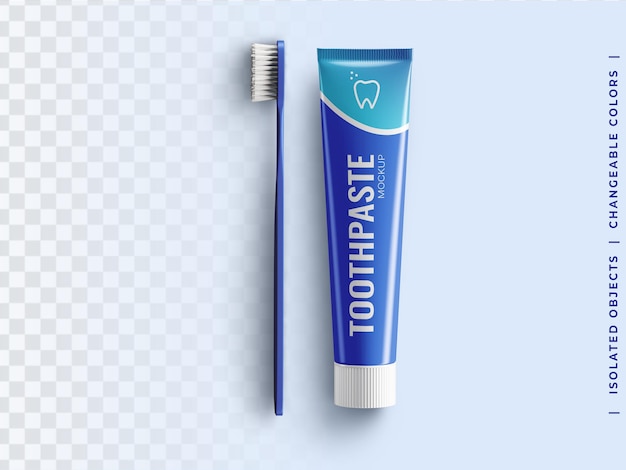 Tandpasta buis plastic verpakking mockup met tandenborstel bovenaanzicht geïsoleerd