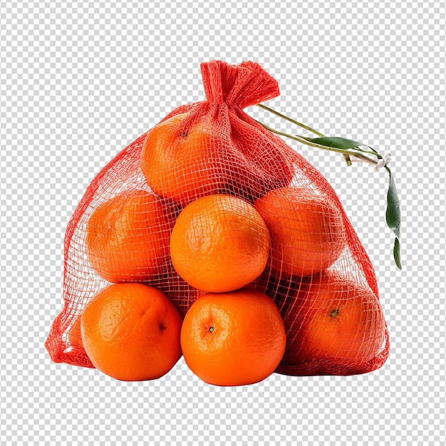 Tangerines in a red mesh bag isolated on transparent background