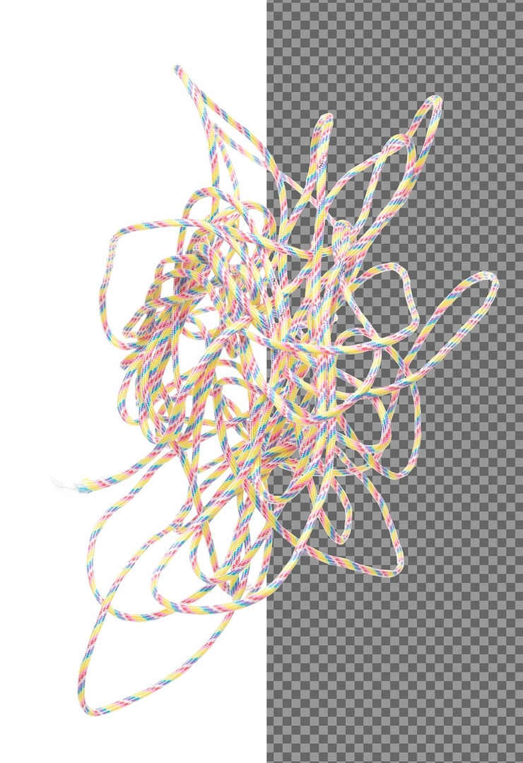 PSD tangle mess complicated climbing rope roll fly in air sterke veiligheid klimtouw voor sport berghobby nodig veiligheidsuitrusting om vast te houden gewicht van klimtouw witte achtergrond geïsoleerd