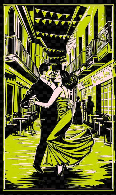 PSD tango dancers performing in a buenos aires street with cafes illustration music poster designs