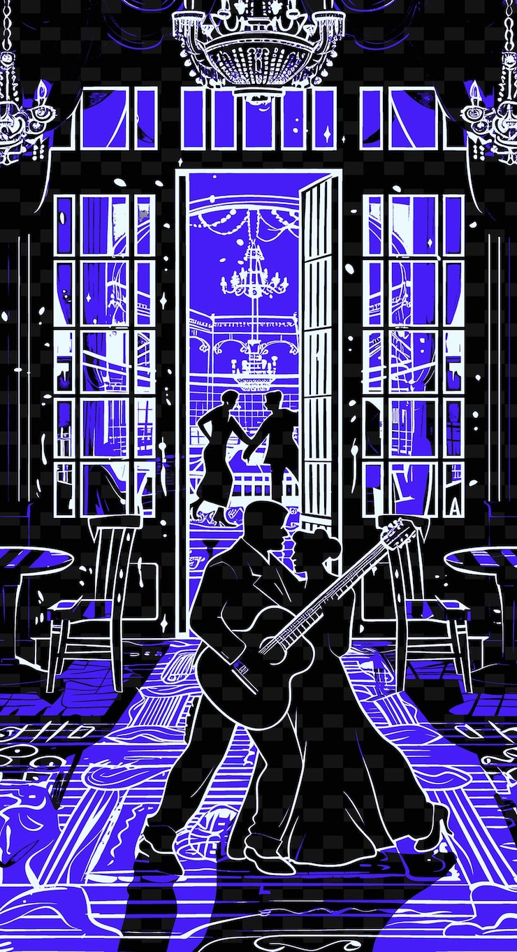 PSD tango guitarist playing in a buenos aires cafe with tango da illustration music poster designs