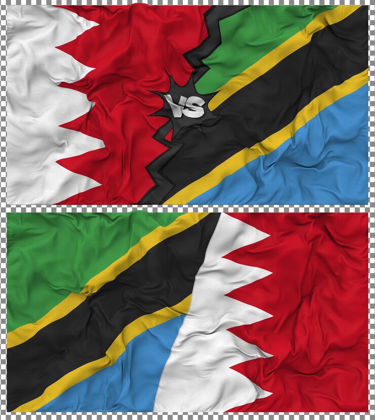 PSD tanzania vs bahrain half combined flag cloth bump texture 3d rendering