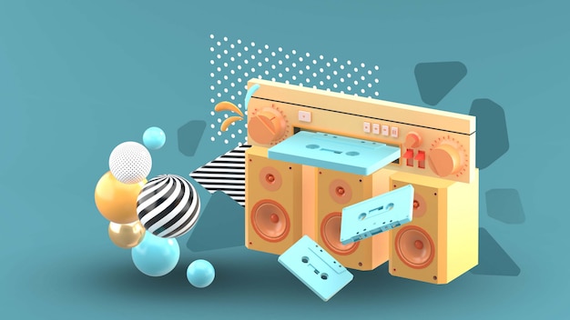 The tape player is surrounded by colorful tape and balls on blue