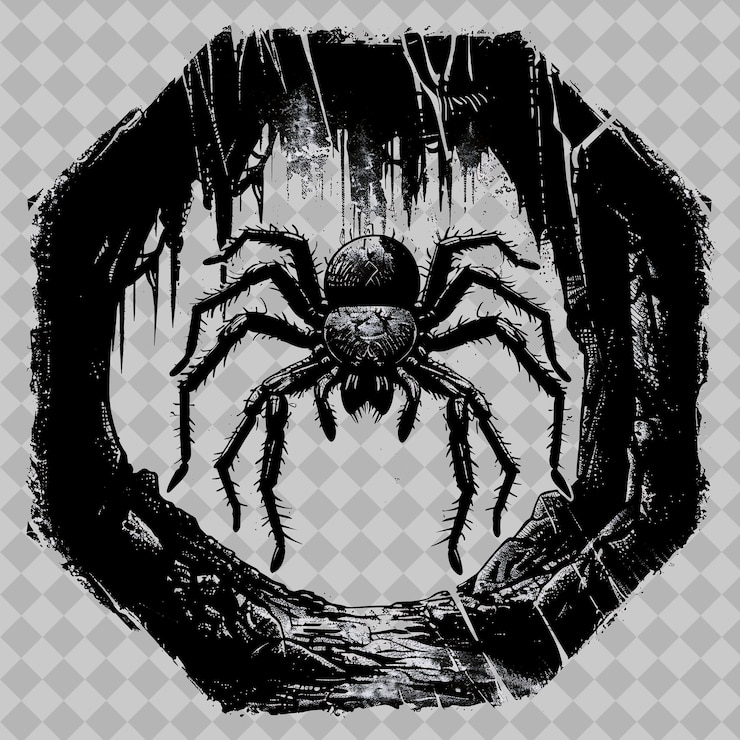 PSD tarantula animal inside a silhouette pentagon cave adorned w png watercolor animal designs
