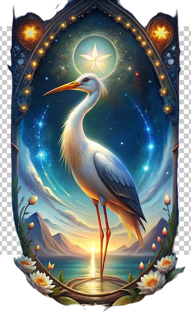 PSD tarot stork on white background