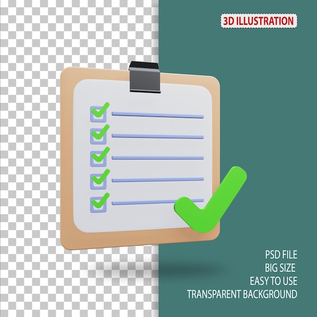 PSD task list approved approved and rejected 3d icon illustration with transparent background