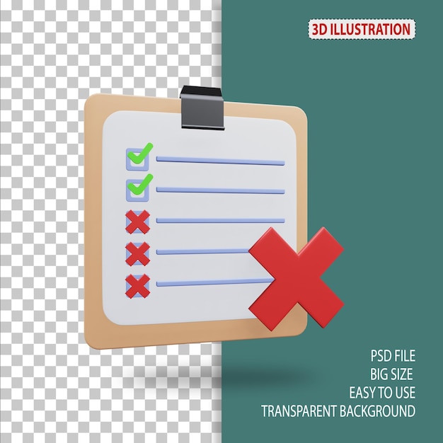 PSD task list rejected approved and rejected 3d icon illustration with transparent background