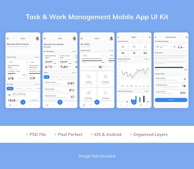 PSD task and work management app ui kit