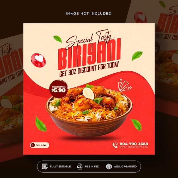 Tasty biriyani food promozione sui social media e design del template del post del banner di instagram