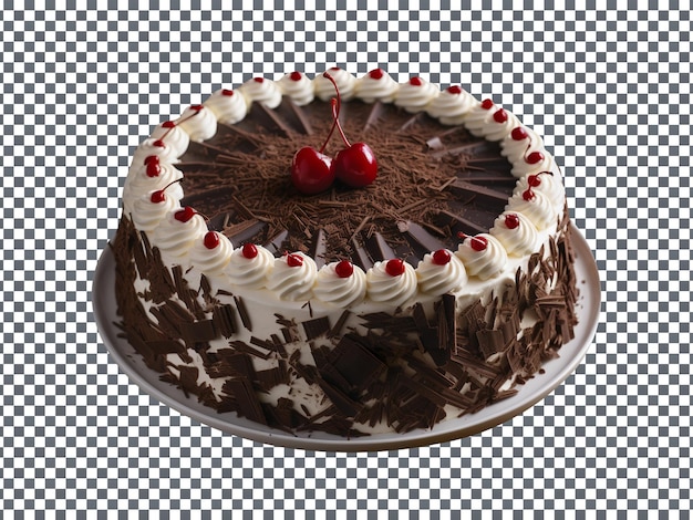 Tasty black forest cake decorated with red cherries isolated on transparent background