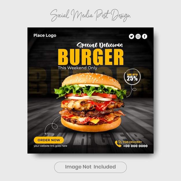 맛있는 버거 소셜 미디어 포스트 템플릿은 레스토랑, 카페 및 패스트 푸드 프로모션에 완벽합니다.