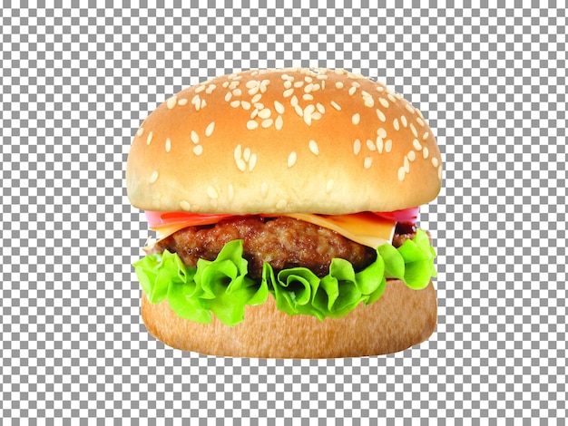 Tasty burger with beef patty and tomato on transparent background