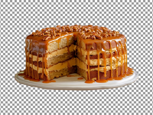 Tasty caramel decorated cake top view isolated on transparent background