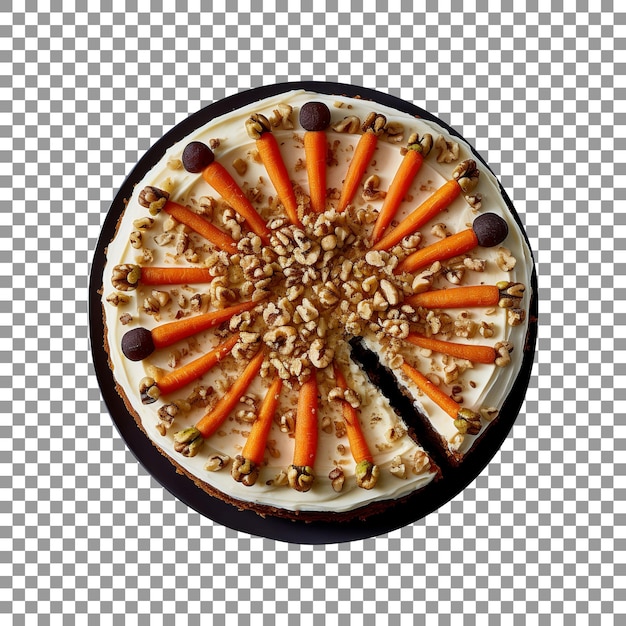 Tasty carrot decorated cake top view isolated on transparent background