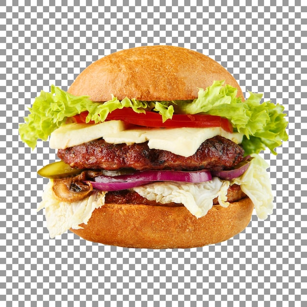 Tasty cheeseburger with beef patty isolated on transparent background