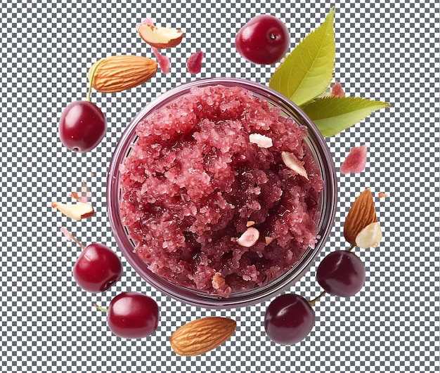 Tasty cherry almond body scrub isolated on transparent background