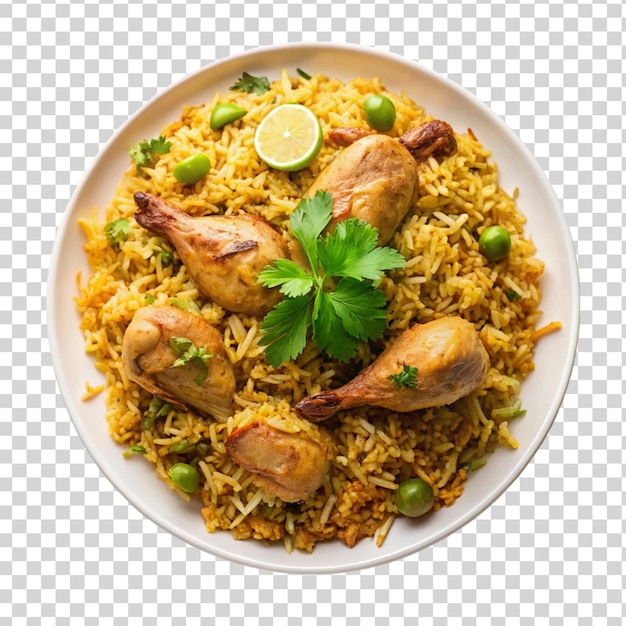 PSD tasty chicken biryani on white plate isolated on transparent background