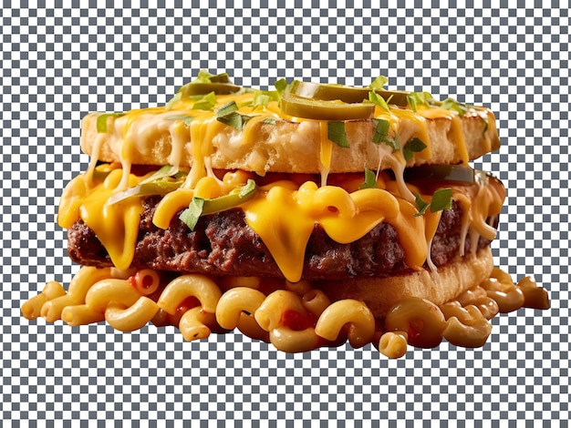 Tasty chili mac cheese burger isolated on transparent background
