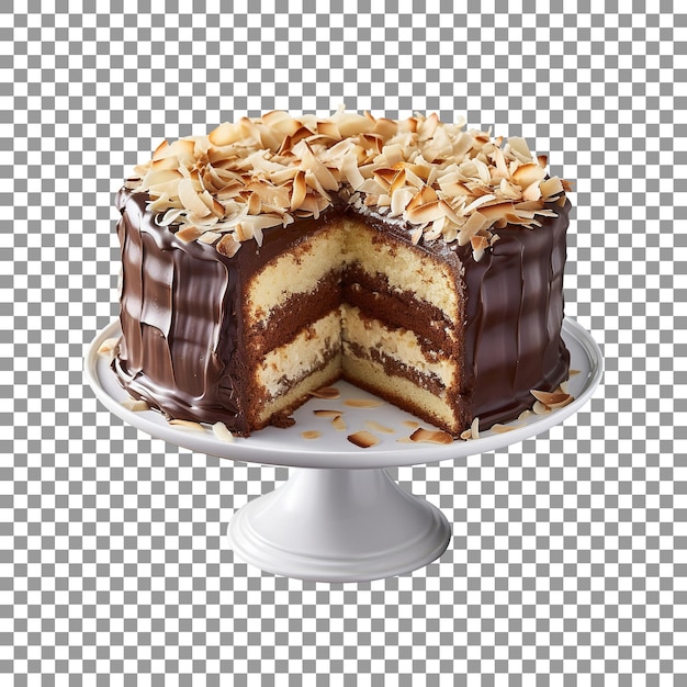 Tasty chocolate and almond joy cake isolated on transparent background