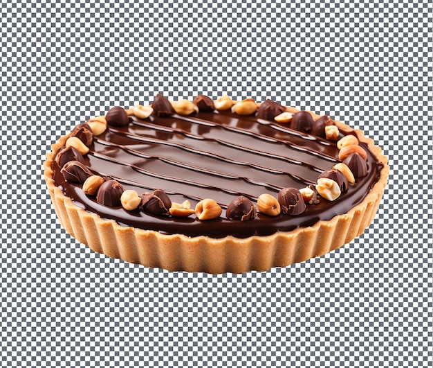 Tasty chocolate filled tart with peanuts on transparent background